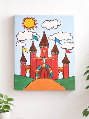 Hand-Painted Whimsical Castle Acrylic on Canvas – Custom Color Palette